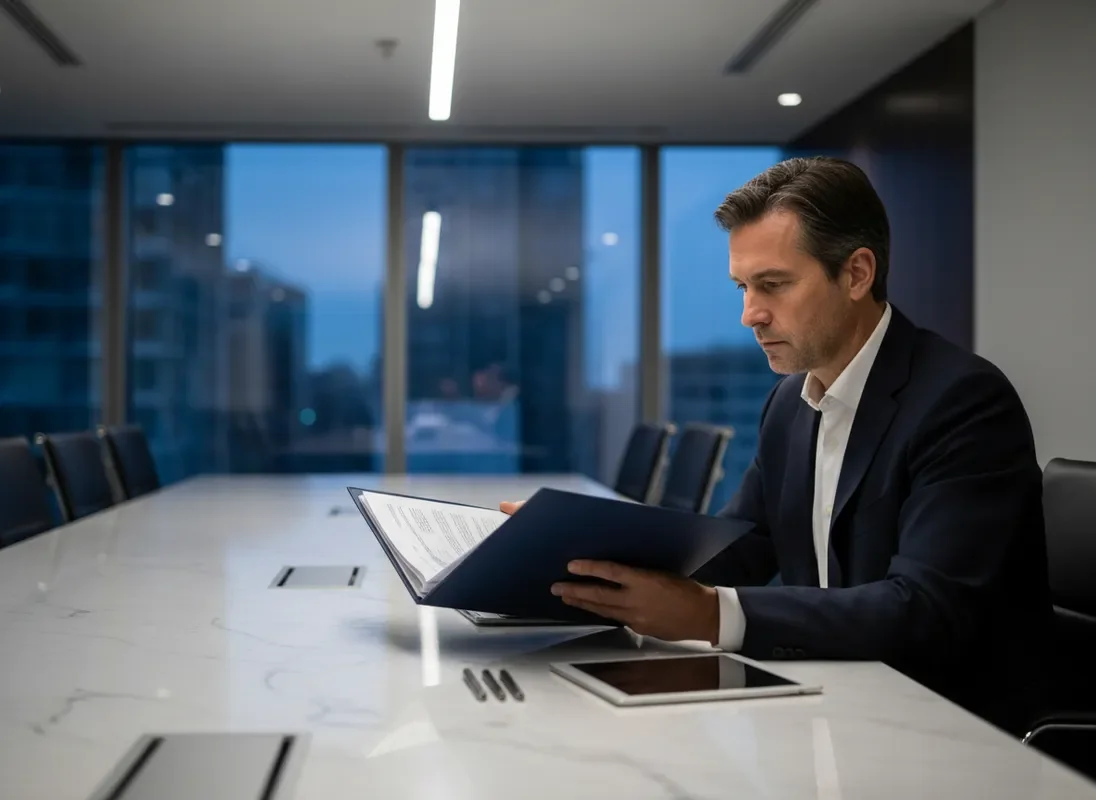 Business intelligence analyst reviewing a confidential risk assessment dossier