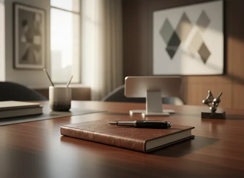 Executive desk with closed notebook and pen representing confidential business consulting
