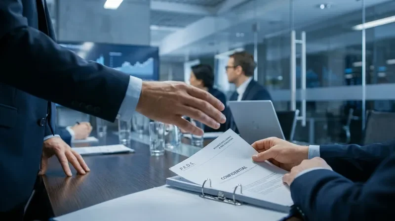 Executive boardroom meeting reviewing confidential business documents