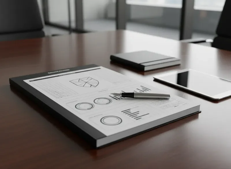 Professional business intelligence dossier and materials on conference table