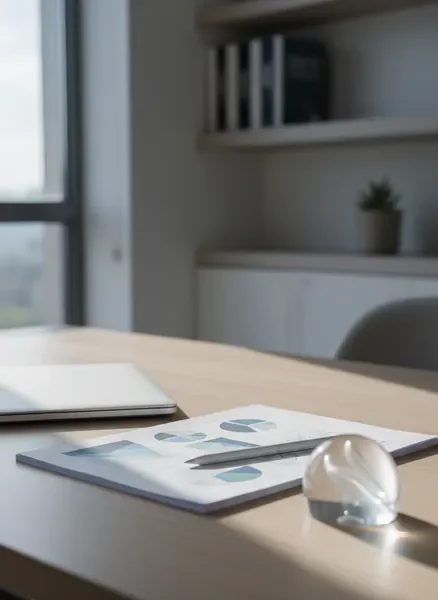 Discreet executive office with closed laptop and printed brief